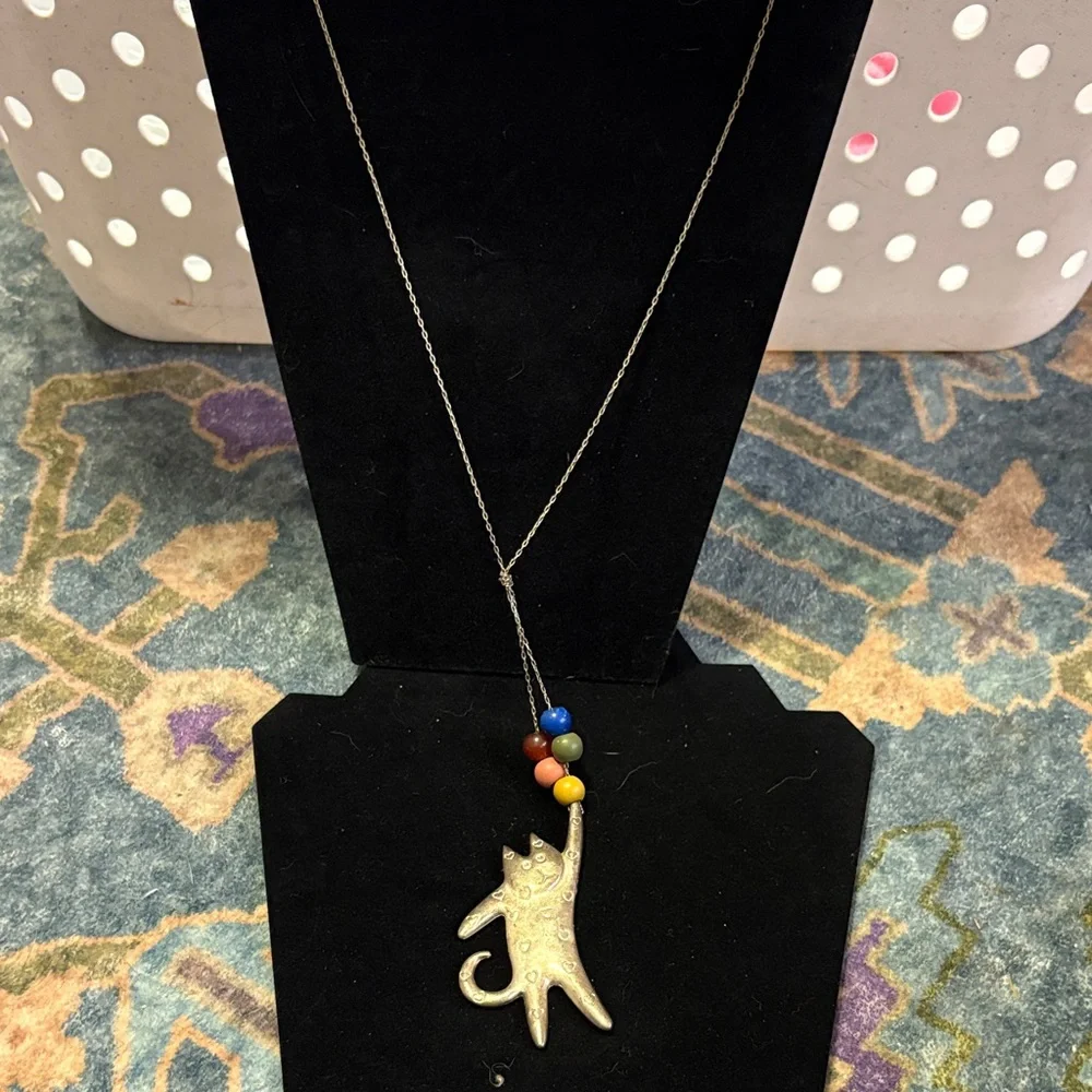 Silver Cat Pendant with Multicolor Beads